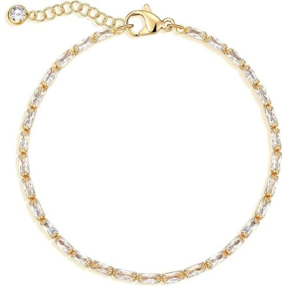 Simulated Diamond Gold Tennis Bracelet Tennis Chain Baguette Bracelet Pave CZ - Picture 5 of 5